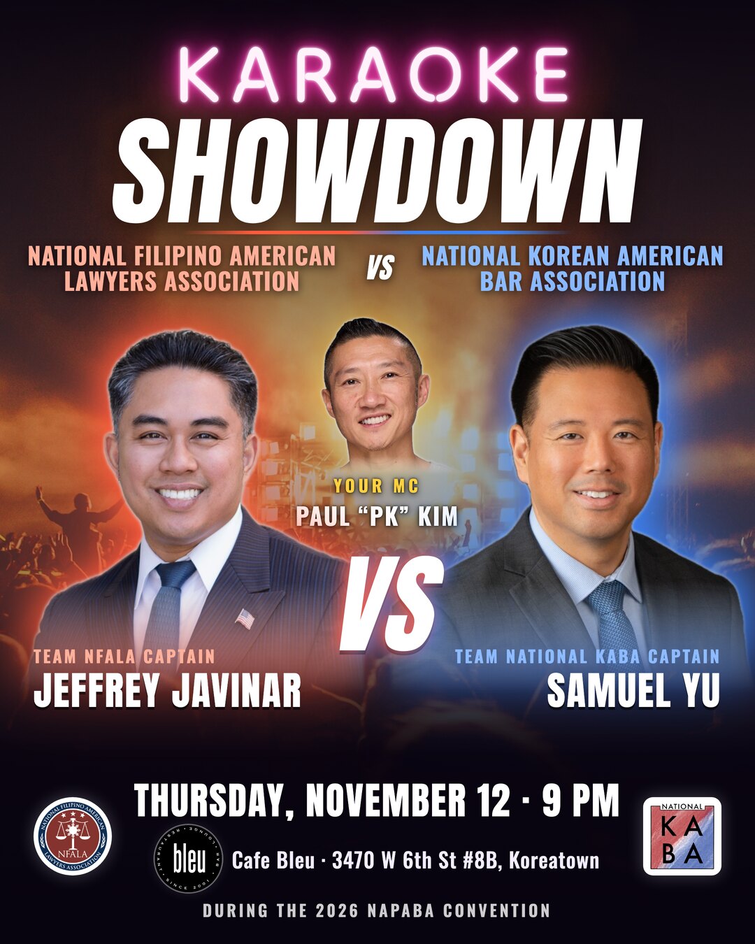 Karaoke Showdown flyer: NFALA vs National KABA, Thursday, November 12, 9 PM, Cafe Bleu in Koreatown.